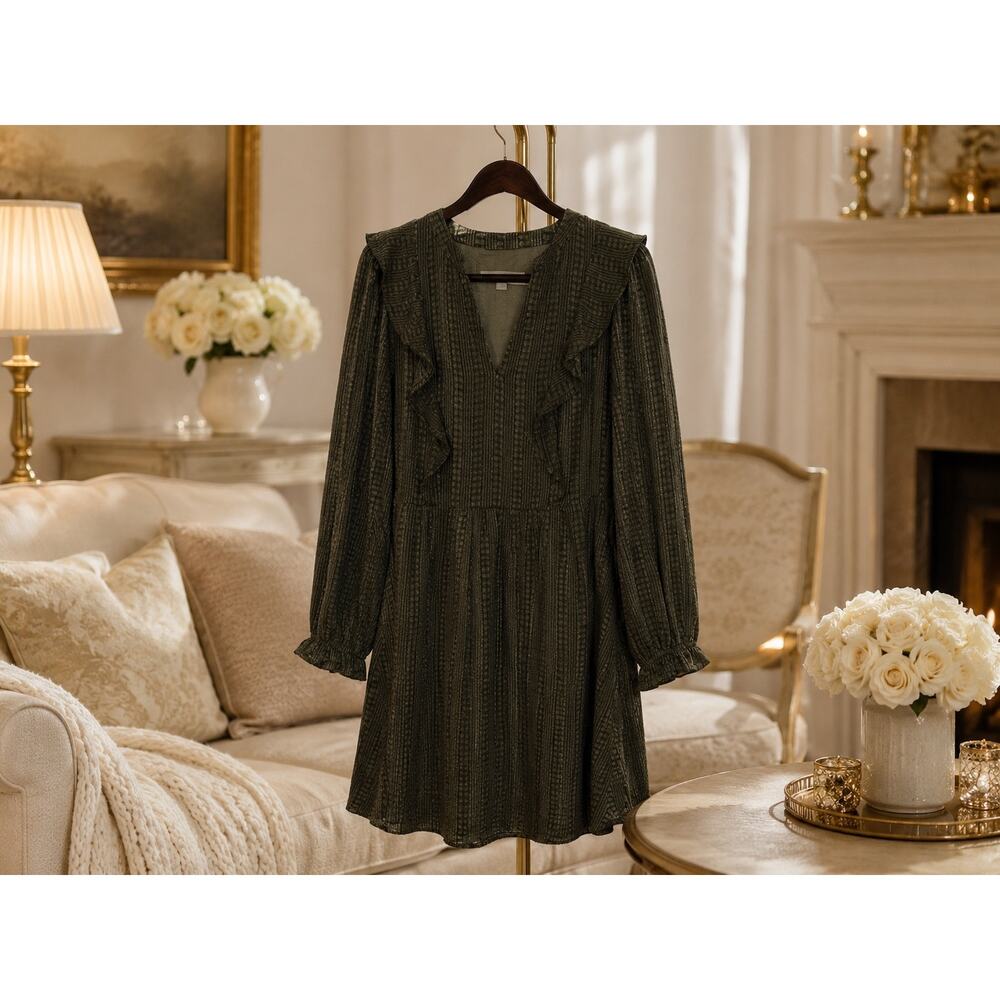 LOFT Olive Green Ruffle Textured Long Sleeve Dress Medium Lined Boho Cottagecore